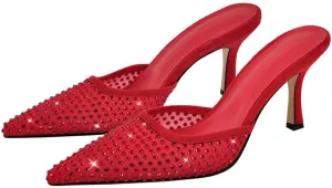 sexytag Rhinestone Mesh Kitten Heels for Women Slip On Mules Pointed Toe Pumps