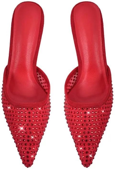 sexytag Rhinestone Mesh Kitten Heels for Women Slip On Mules Pointed Toe Pumps