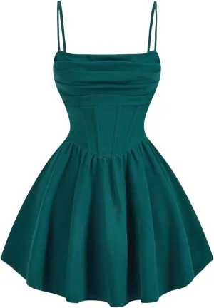SHENHE Women's Ruched Corset Dress Spaghetti Strap Fit and Flare Flowy Skater Mini Cami Dress