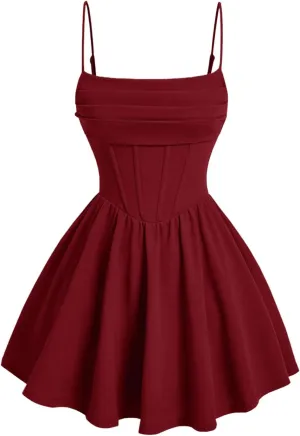 SHENHE Women's Ruched Corset Dress Spaghetti Strap Fit and Flare Flowy Skater Mini Cami Dress
