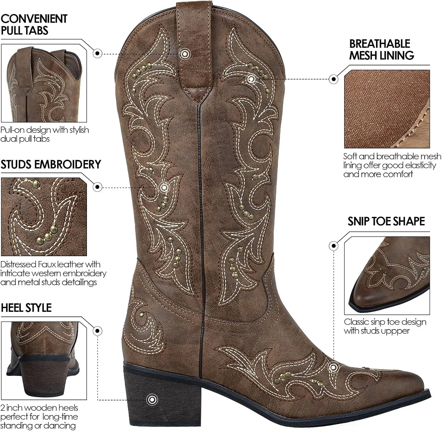SheSole Women's Studded Cowgirl Cowboy Boots Snip Toe Mid Calf Fashion Western Boots