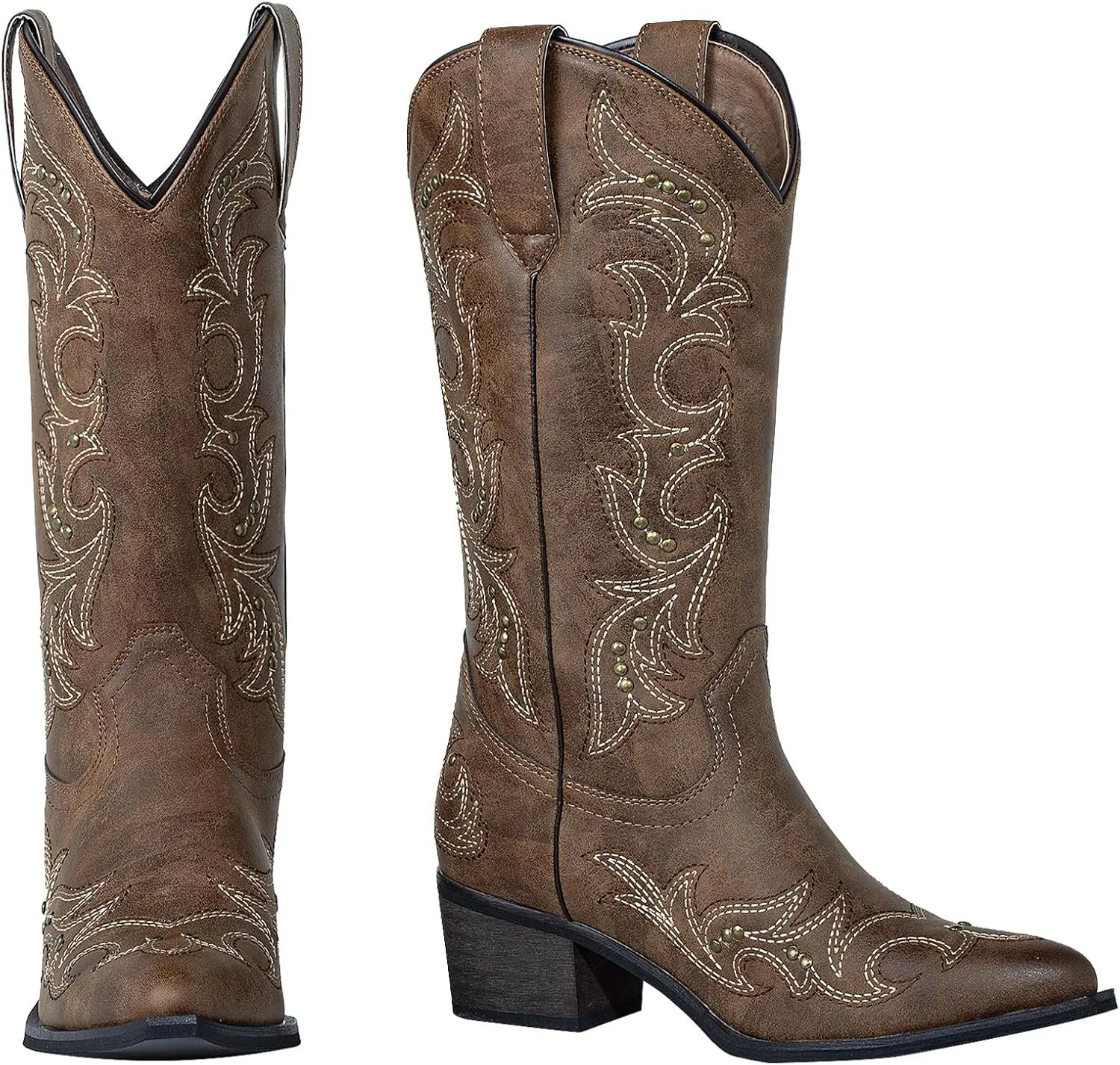 SheSole Women's Studded Cowgirl Cowboy Boots Snip Toe Mid Calf Fashion Western Boots