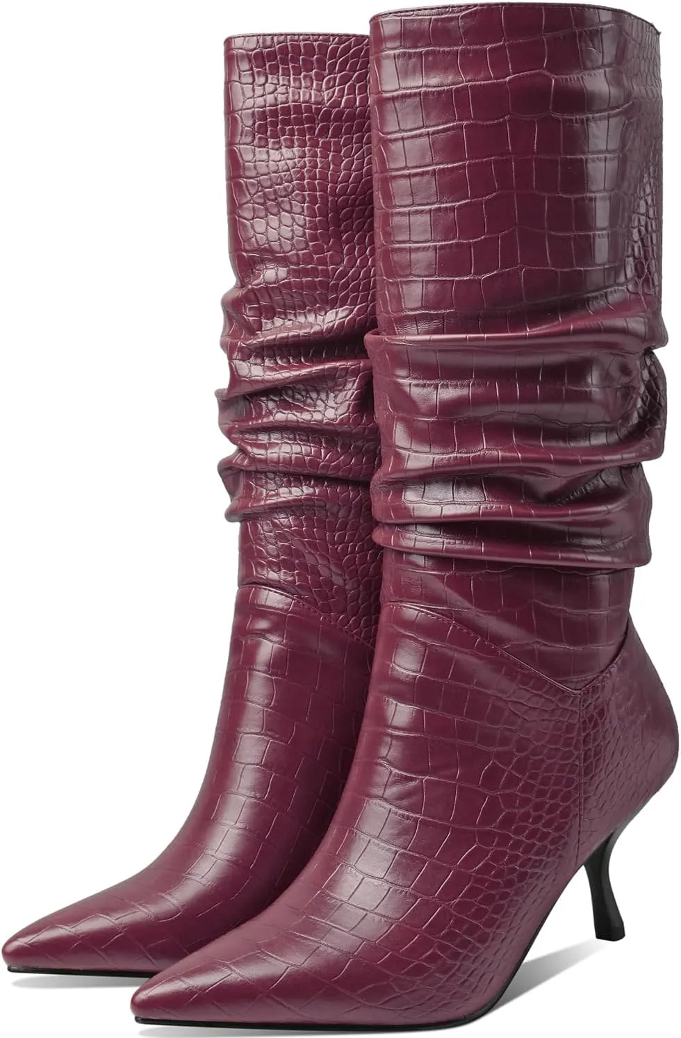 SHODENSE Women Low Kitten Heel Slouch Mid Calf Boots Pointed Closed Toe Wide Calf Western Boots Pull On 2" Thin Heel Tall Crocodile Snakeskin Dress Boots Long Pleated ladies Retro Spring 4-11 M US