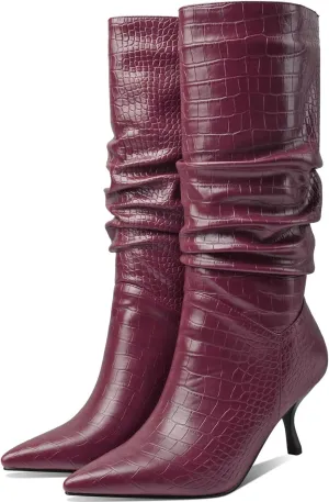 SHODENSE Women Low Kitten Heel Slouch Mid Calf Boots Pointed Closed Toe Wide Calf Western Boots Pull On 2" Thin Heel Tall Crocodile Snakeskin Dress Boots Long Pleated ladies Retro Spring 4-11 M US