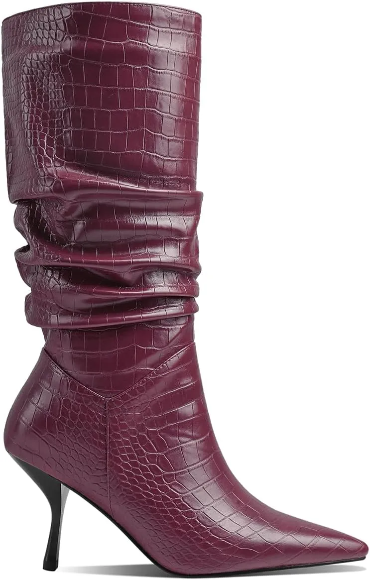 SHODENSE Women Low Kitten Heel Slouch Mid Calf Boots Pointed Closed Toe Wide Calf Western Boots Pull On 2" Thin Heel Tall Crocodile Snakeskin Dress Boots Long Pleated ladies Retro Spring 4-11 M US