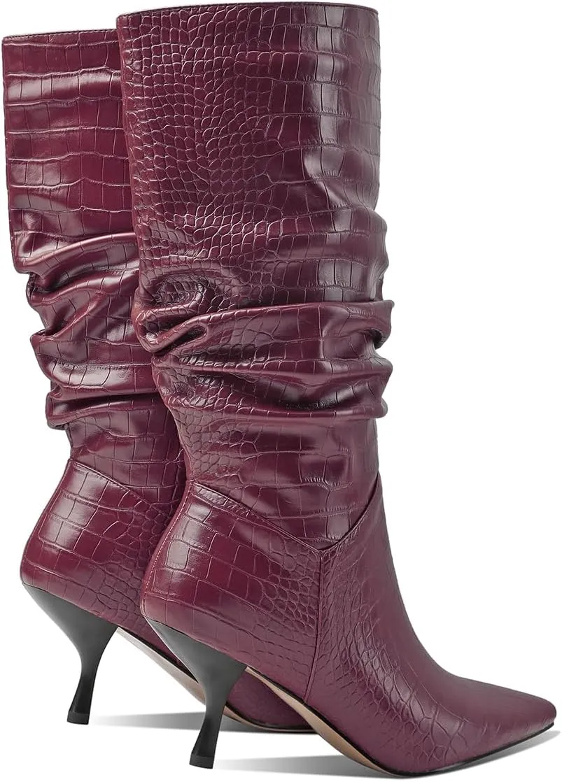 SHODENSE Women Low Kitten Heel Slouch Mid Calf Boots Pointed Closed Toe Wide Calf Western Boots Pull On 2" Thin Heel Tall Crocodile Snakeskin Dress Boots Long Pleated ladies Retro Spring 4-11 M US