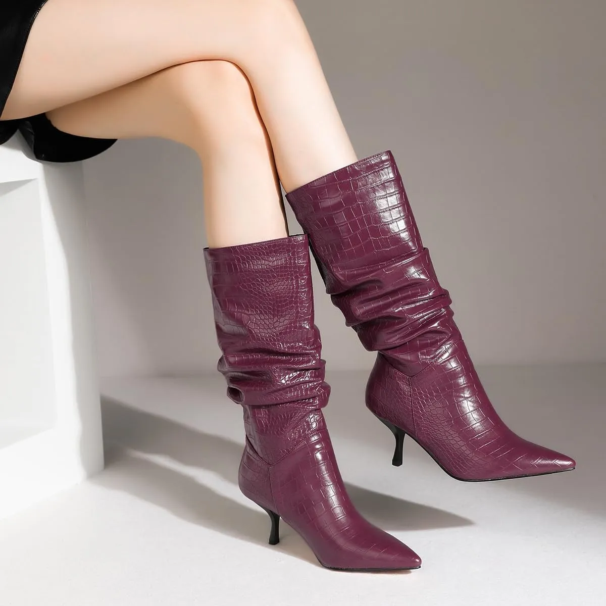 SHODENSE Women Low Kitten Heel Slouch Mid Calf Boots Pointed Closed Toe Wide Calf Western Boots Pull On 2" Thin Heel Tall Crocodile Snakeskin Dress Boots Long Pleated ladies Retro Spring 4-11 M US