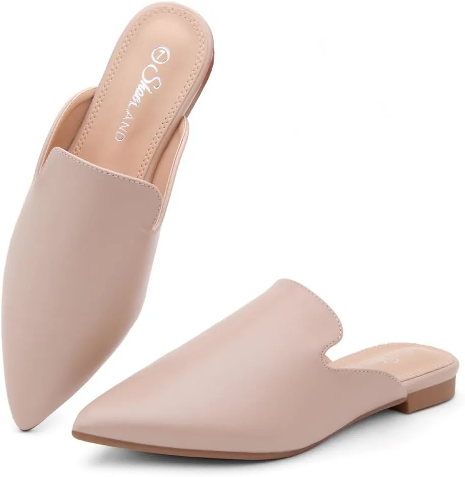 Shoe Land Cally Women's Mules, Pointed Toe Backless Loafer Shoes, Comfortable Flats, Slip-On Slides, Casual Flat Mule for Party, Office, Daily Wear, and Business