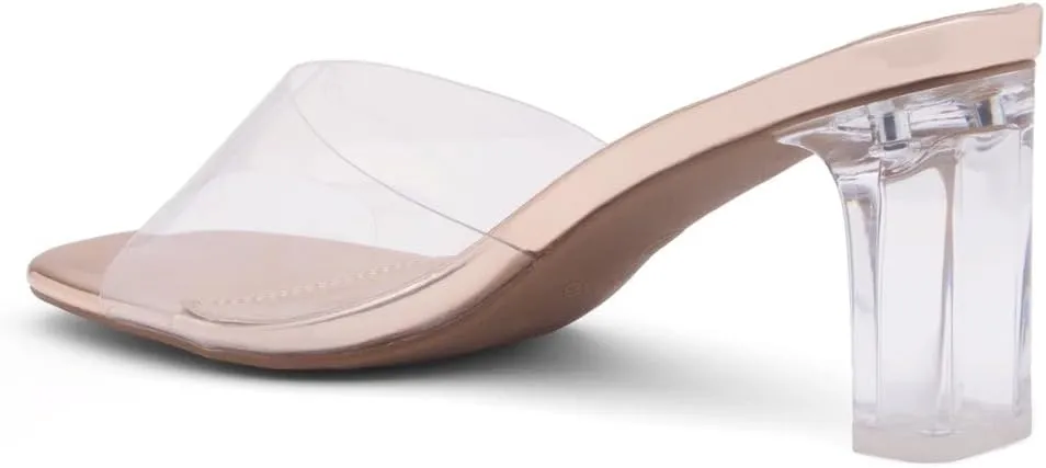 Shoe Land Clear Heels for Women – 3 Inch Chunky Heeled Mules, Transparent Slip-On Square Toe Slides | Dressy Clear Sandals for Wedding, Party & Casual Wear
