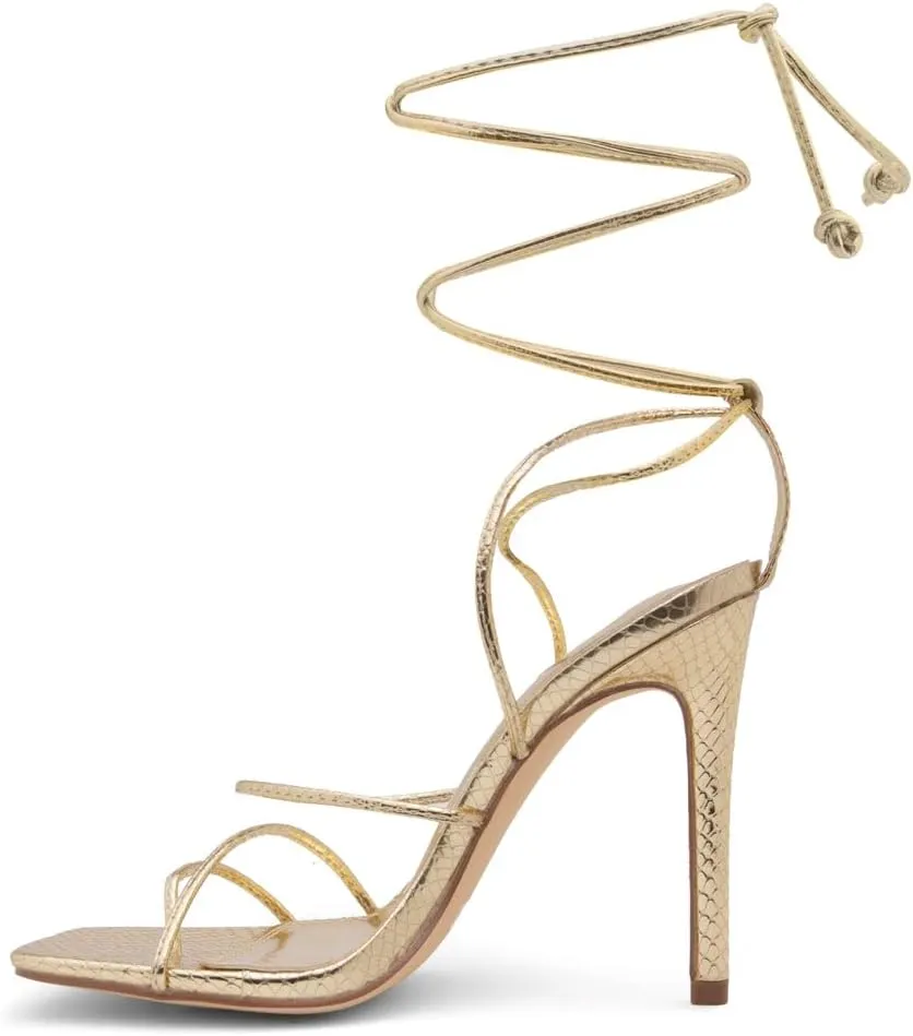 Shoe Land SL-Finely Women's Lace-Up Heels, Square Open Toe Ankle Wrap Tie-Up Heeled Sandals, 4-Inch Stiletto Strappy Dress Sandals for Party, Wedding, and Prom
