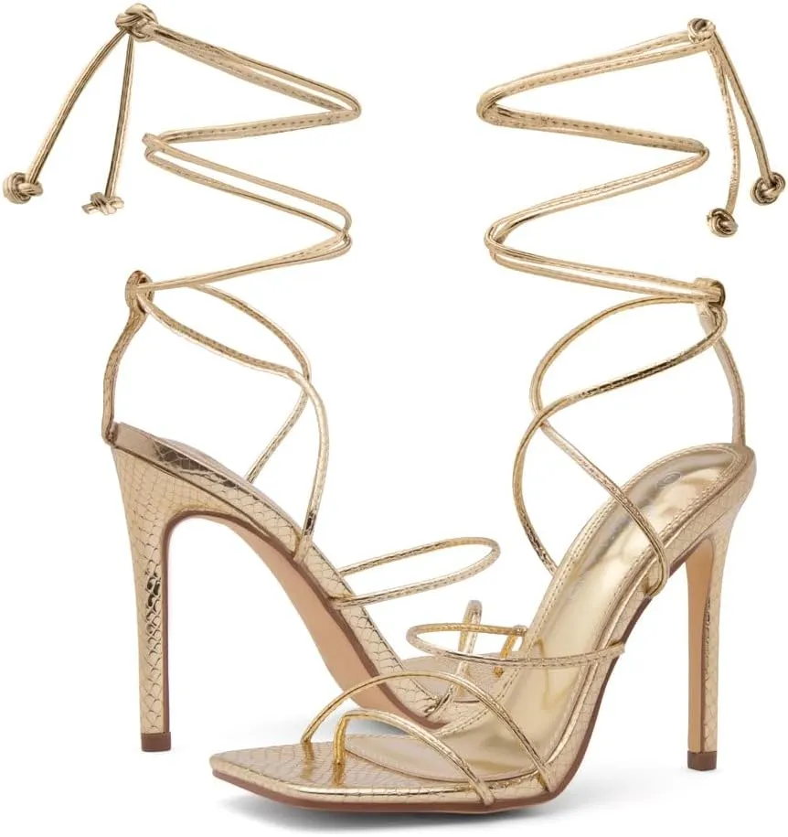 Shoe Land SL-Finely Women's Lace-Up Heels, Square Open Toe Ankle Wrap Tie-Up Heeled Sandals, 4-Inch Stiletto Strappy Dress Sandals for Party, Wedding, and Prom