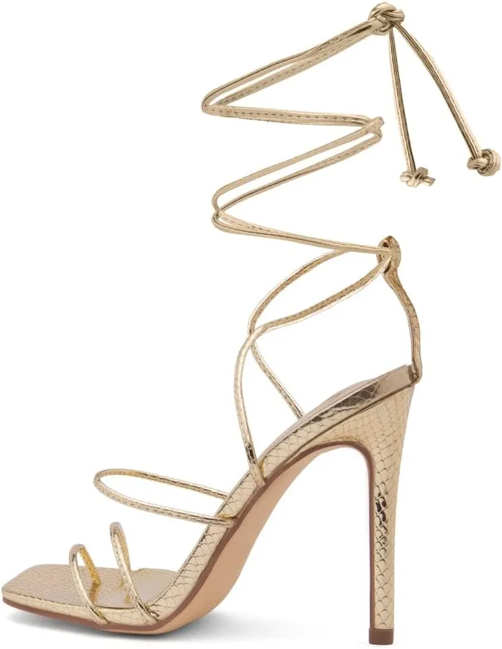 Shoe Land SL-Finely Women's Lace-Up Heels, Square Open Toe Ankle Wrap Tie-Up Heeled Sandals, 4-Inch Stiletto Strappy Dress Sandals for Party, Wedding, and Prom