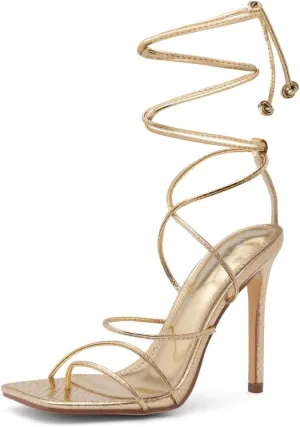 Shoe Land SL-Finely Women's Lace-Up Heels, Square Open Toe Ankle Wrap Tie-Up Heeled Sandals, 4-Inch Stiletto Strappy Dress Sandals for Party, Wedding, and Prom
