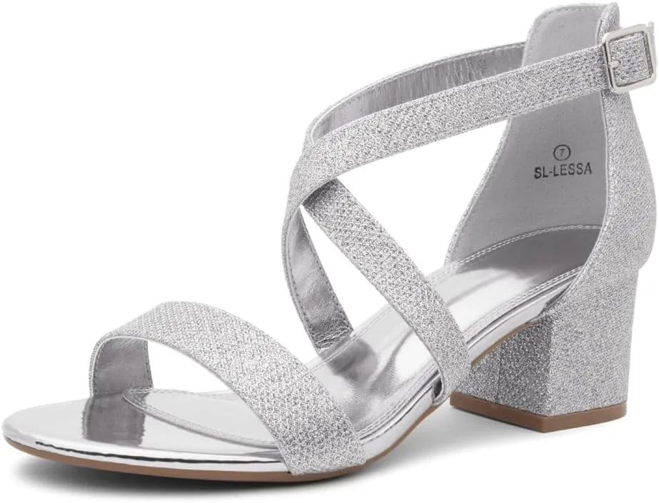 Shoe Land SL-LESSA Women's Low Heels Open Toe Dress Heeled Sandals Cross Ankle Strap Chunky Block Short Heel Pumps Shoes for Office Prom Wedding Party