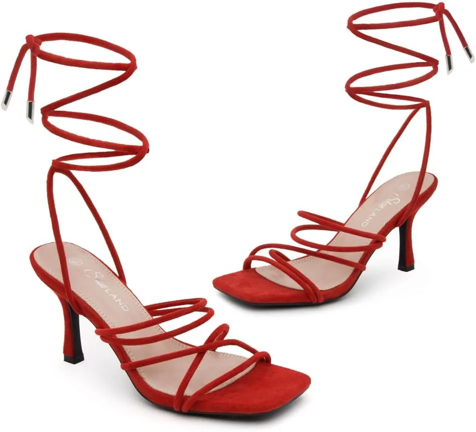 Shoe Land SL-Lumi Women's Lace-Up Heels, Square Open Toe Strappy Heeled Sandals, Ankle Wrap Tie-Up High Heels, Dressy Stiletto Heels for Prom, Wedding, and Party