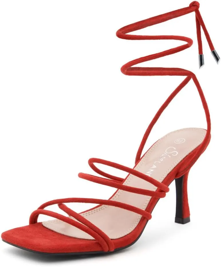 Shoe Land SL-Lumi Women's Lace-Up Heels, Square Open Toe Strappy Heeled Sandals, Ankle Wrap Tie-Up High Heels, Dressy Stiletto Heels for Prom, Wedding, and Party