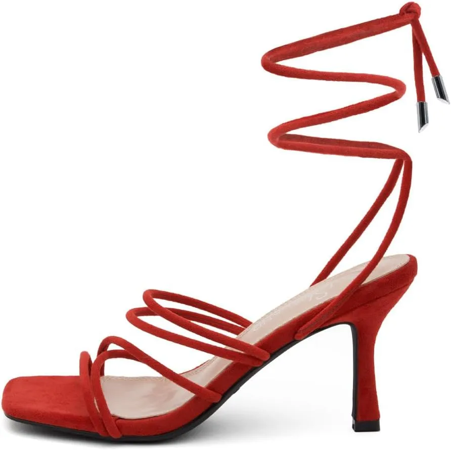 Shoe Land SL-Lumi Women's Lace-Up Heels, Square Open Toe Strappy Heeled Sandals, Ankle Wrap Tie-Up High Heels, Dressy Stiletto Heels for Prom, Wedding, and Party