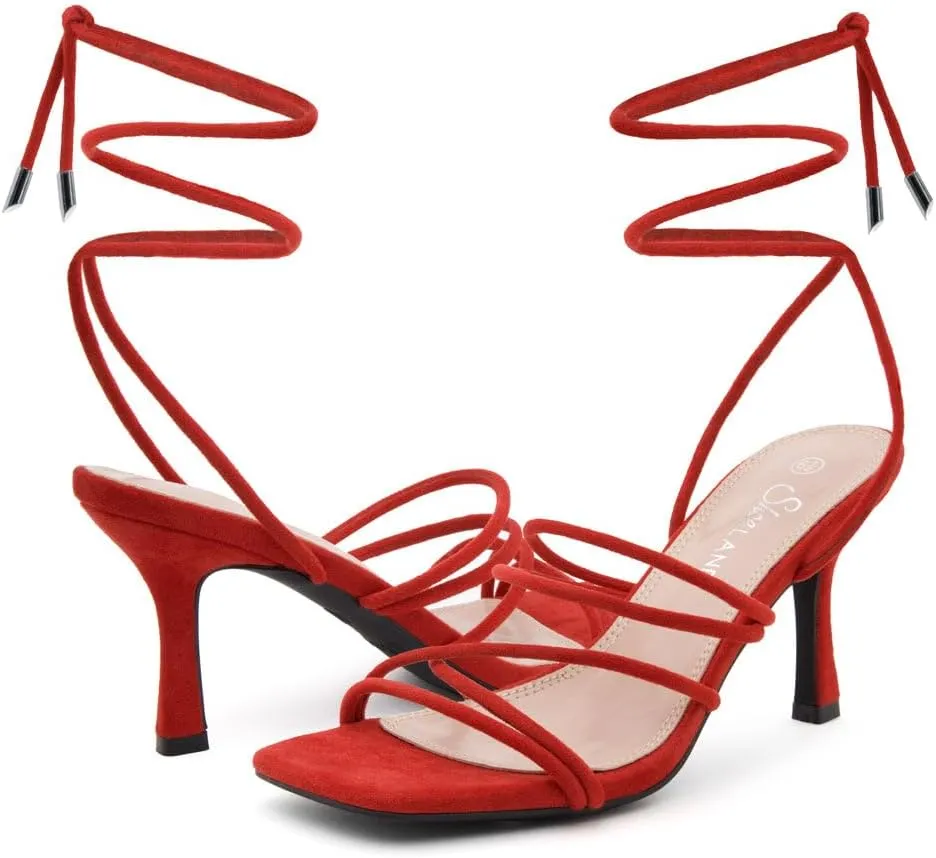 Shoe Land SL-Lumi Women's Lace-Up Heels, Square Open Toe Strappy Heeled Sandals, Ankle Wrap Tie-Up High Heels, Dressy Stiletto Heels for Prom, Wedding, and Party