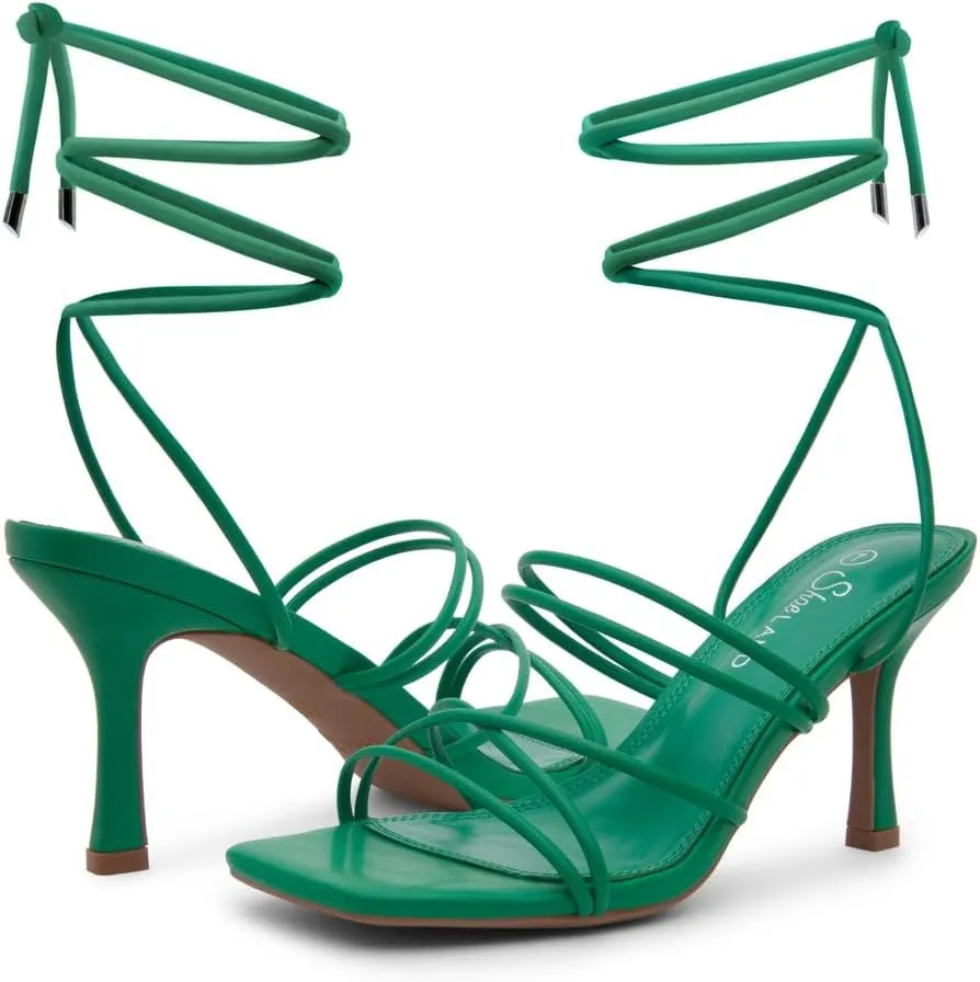 Shoe Land SL-Lumi Women's Lace-Up Heels, Square Open Toe Strappy Heeled Sandals, Ankle Wrap Tie-Up High Heels, Dressy Stiletto Heels for Prom, Wedding, and Party