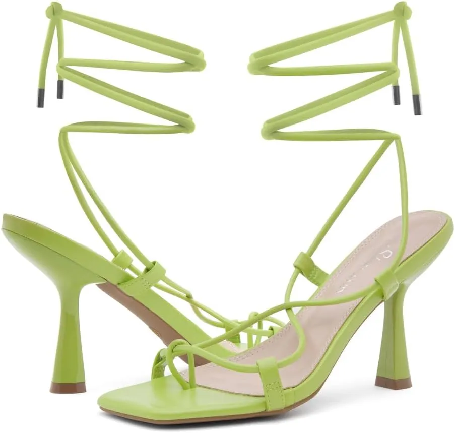 Shoe Land SL-Nadine Women's Lace-Up Heels, Square Open Toe Ankle-Wrapped Tie-Up Heeled Sandals, Dressy Stiletto Strappy Sandals for Prom, Party, and Wedding