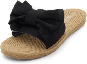 Shoe Land SL-Nylah Womens Flat Sandals Fashion Knot Bow Slides Open Toe Dressy Sandal Slip on Slippers Black Red Beige Fuchsia Green Blue Flat Sandals for Summer Beach Vacation