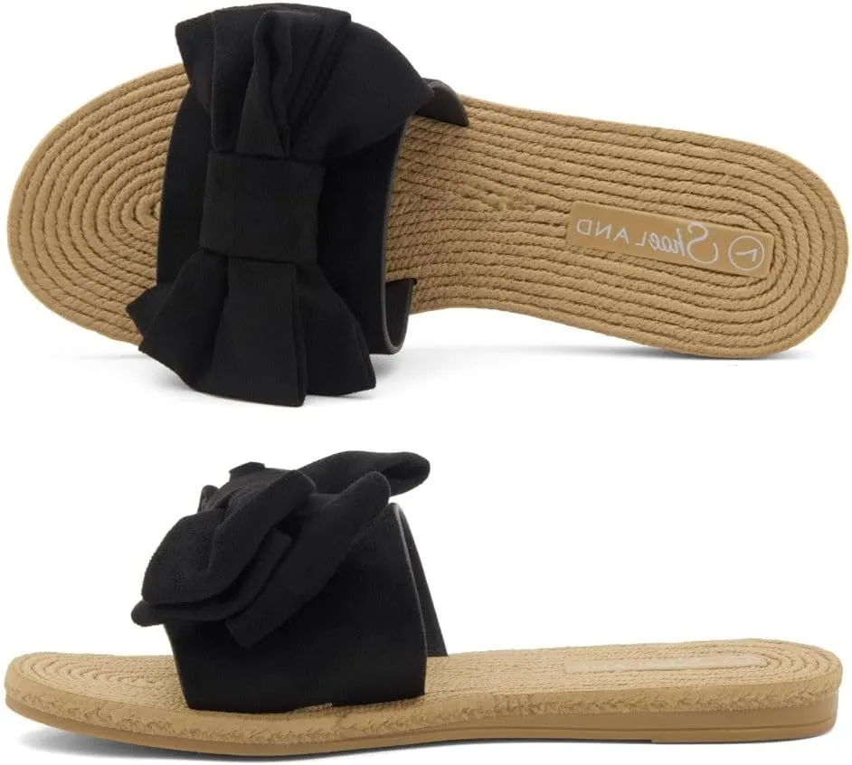 Shoe Land SL-Nylah Womens Flat Sandals Fashion Knot Bow Slides Open Toe Dressy Sandal Slip on Slippers Black Red Beige Fuchsia Green Blue Flat Sandals for Summer Beach Vacation