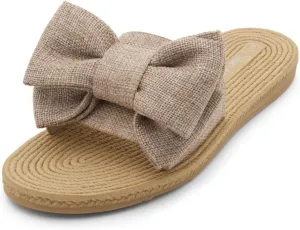 Shoe Land SL-Nylah Womens Flat Sandals Fashion Knot Bow Slides Open Toe Dressy Sandal Slip on Slippers Black Red Beige Fuchsia Green Blue Flat Sandals for Summer Beach Vacation