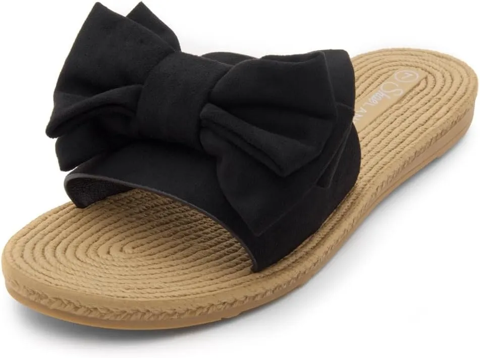 Shoe Land SL-Nylah Womens Flat Sandals Fashion Knot Bow Slides Open Toe Dressy Sandal Slip on Slippers Black Red Beige Fuchsia Green Blue Flat Sandals for Summer Beach Vacation