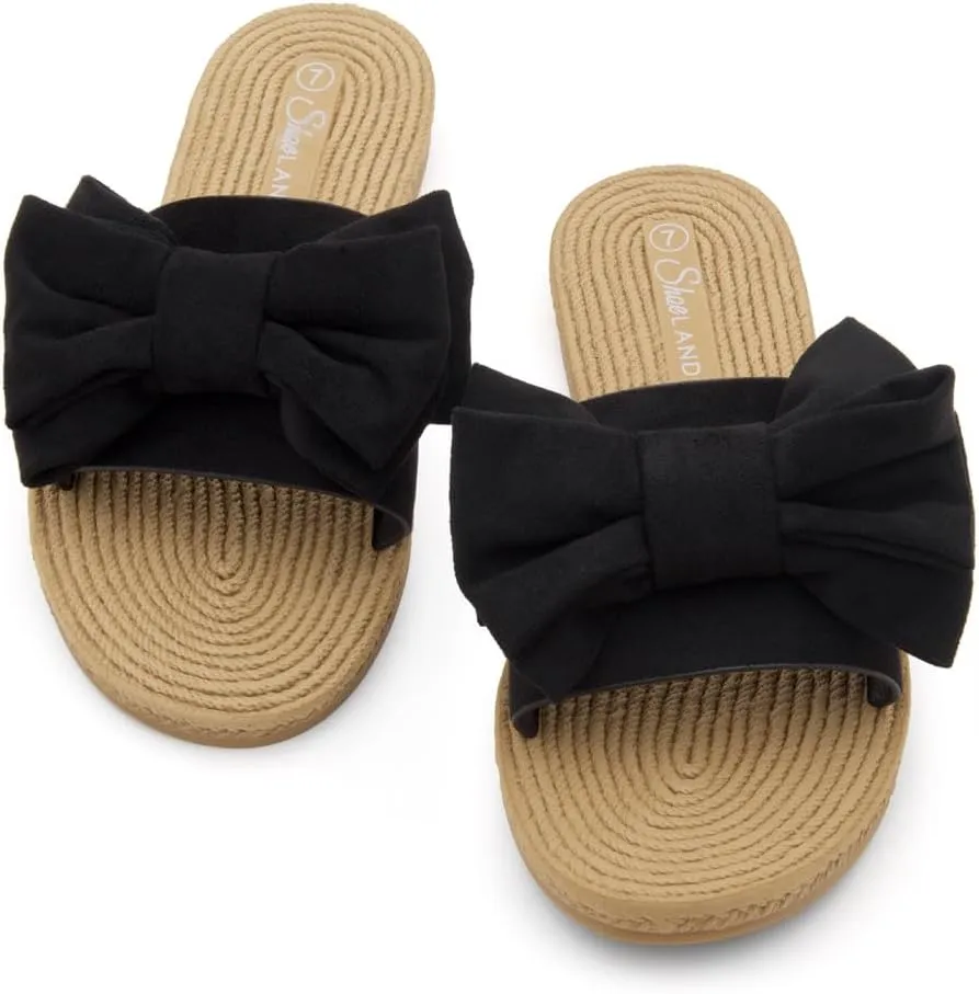 Shoe Land SL-Nylah Womens Flat Sandals Fashion Knot Bow Slides Open Toe Dressy Sandal Slip on Slippers Black Red Beige Fuchsia Green Blue Flat Sandals for Summer Beach Vacation