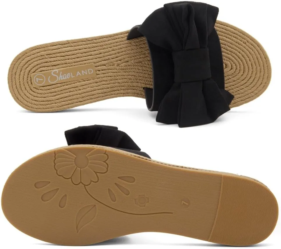 Shoe Land SL-Nylah Womens Flat Sandals Fashion Knot Bow Slides Open Toe Dressy Sandal Slip on Slippers Black Red Beige Fuchsia Green Blue Flat Sandals for Summer Beach Vacation