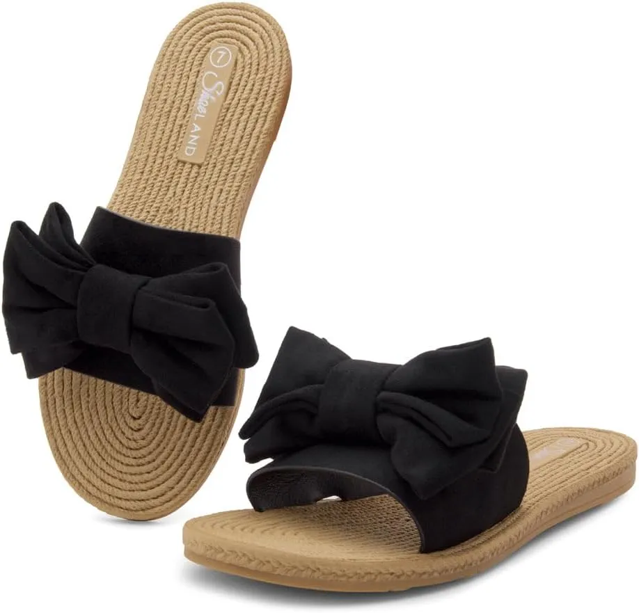 Shoe Land SL-Nylah Womens Flat Sandals Fashion Knot Bow Slides Open Toe Dressy Sandal Slip on Slippers Black Red Beige Fuchsia Green Blue Flat Sandals for Summer Beach Vacation