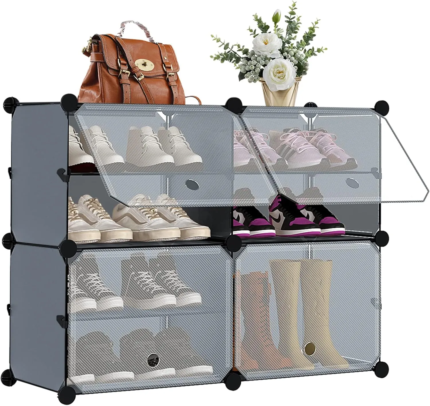 Shoe Rack Organizer, 4 Cube 8 Tier Covered Shoe Rack Cabinet 16 Pair Freestanding DIY Storage Shelves Plastic Shoe Rack for Closet Entryway Hallway Bedroom or Garage, Dark Grey