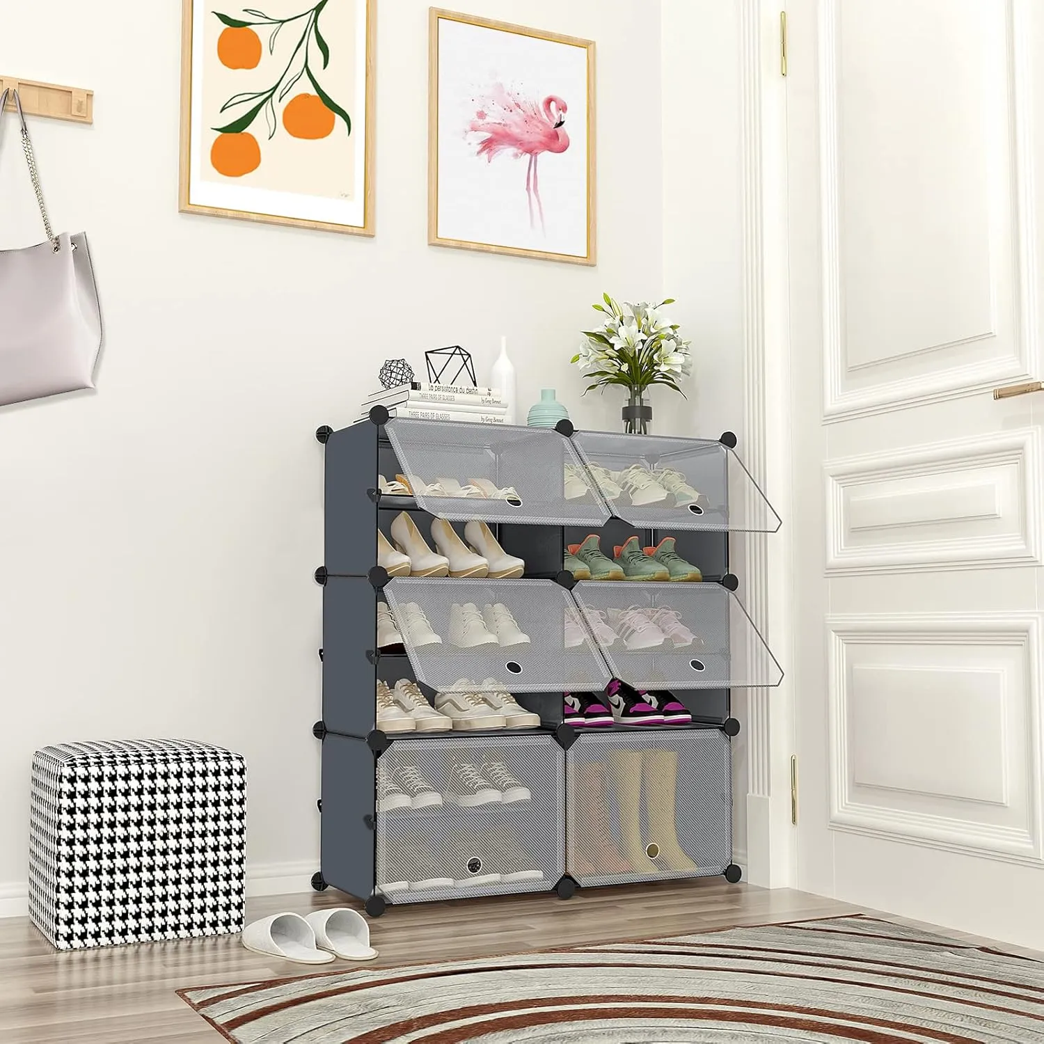 Shoe Rack Organizer, 4 Cube 8 Tier Covered Shoe Rack Cabinet 16 Pair Freestanding DIY Storage Shelves Plastic Shoe Rack for Closet Entryway Hallway Bedroom or Garage, Dark Grey