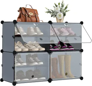 Shoe Rack Organizer, 4 Cube 8 Tier Covered Shoe Rack Cabinet 16 Pair Freestanding DIY Storage Shelves Plastic Shoe Rack for Closet Entryway Hallway Bedroom or Garage, Dark Grey