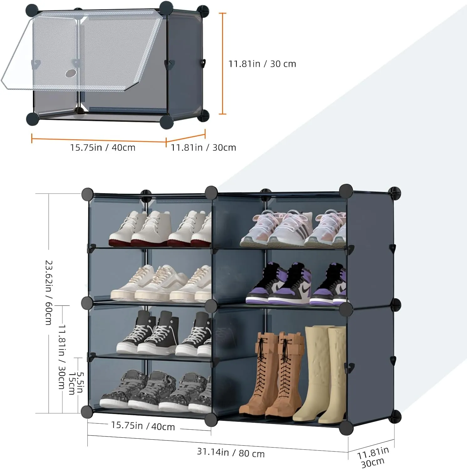 Shoe Rack Organizer, 4 Cube 8 Tier Covered Shoe Rack Cabinet 16 Pair Freestanding DIY Storage Shelves Plastic Shoe Rack for Closet Entryway Hallway Bedroom or Garage, Dark Grey