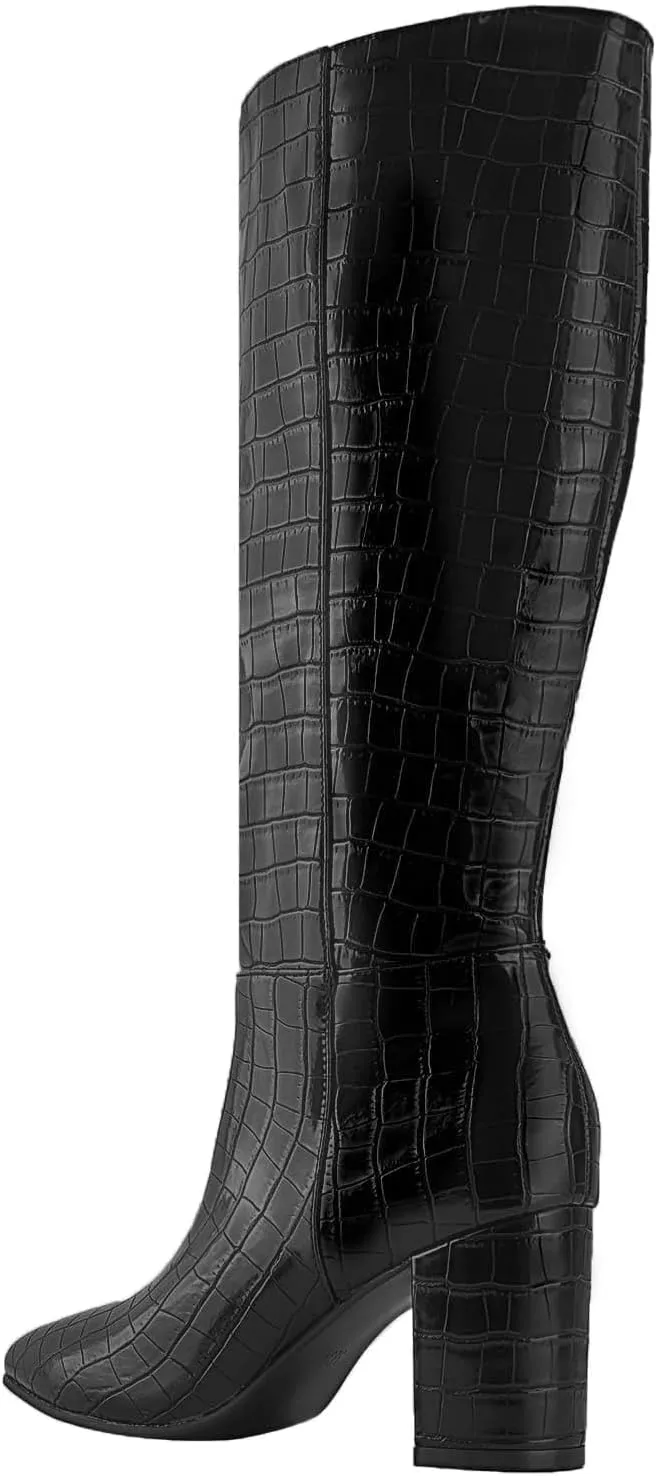 Shoe'N Tale Mid Calf Boots for Women Wide Calf Knee High Boots Chunky Block Heel Fall Winter Pointed Toe Boots