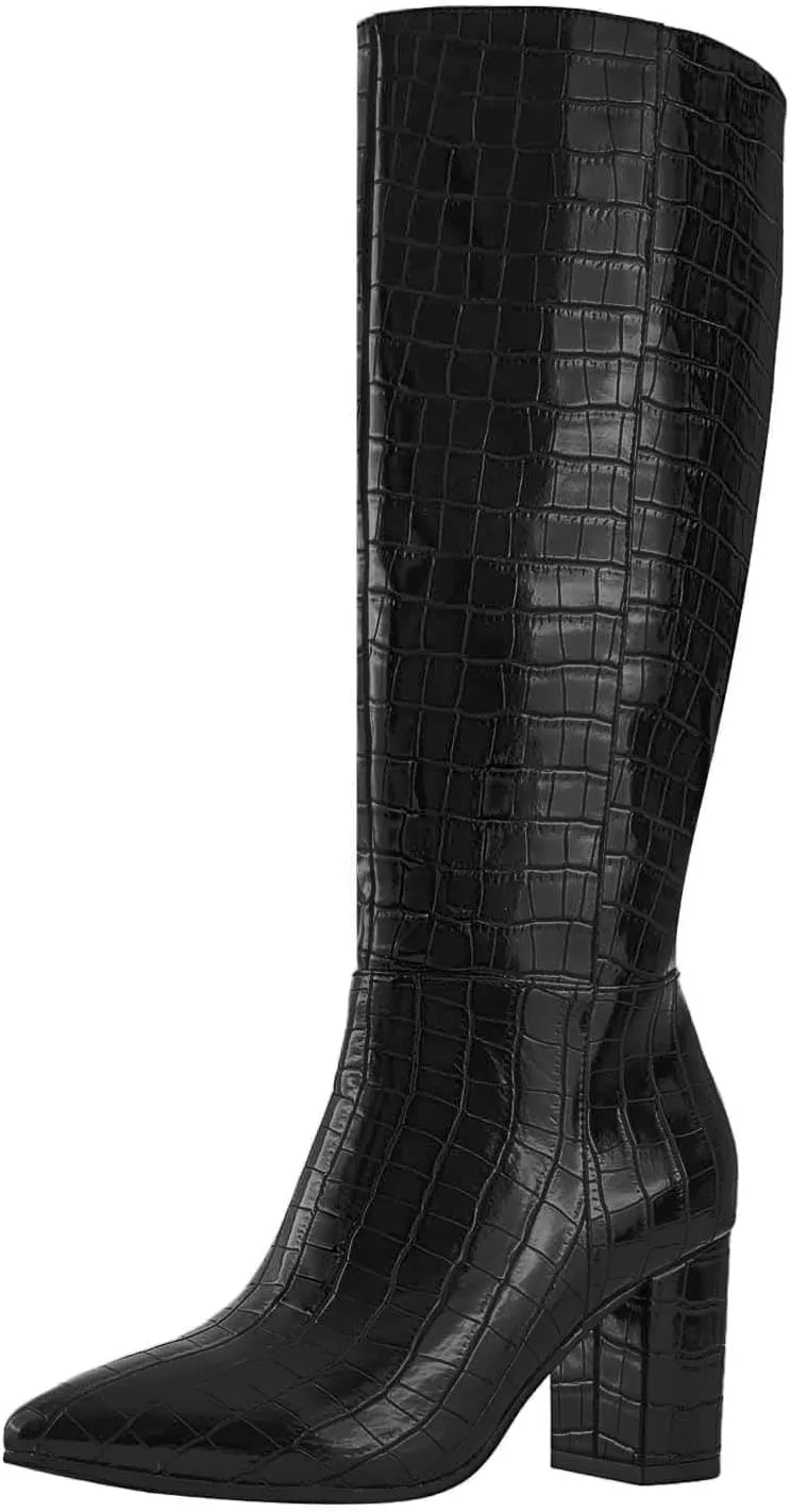 Shoe'N Tale Mid Calf Boots for Women Wide Calf Knee High Boots Chunky Block Heel Fall Winter Pointed Toe Boots