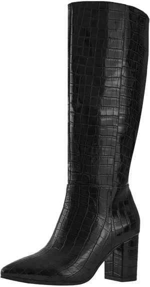 Shoe'N Tale Mid Calf Boots for Women Wide Calf Knee High Boots Chunky Block Heel Fall Winter Pointed Toe Boots