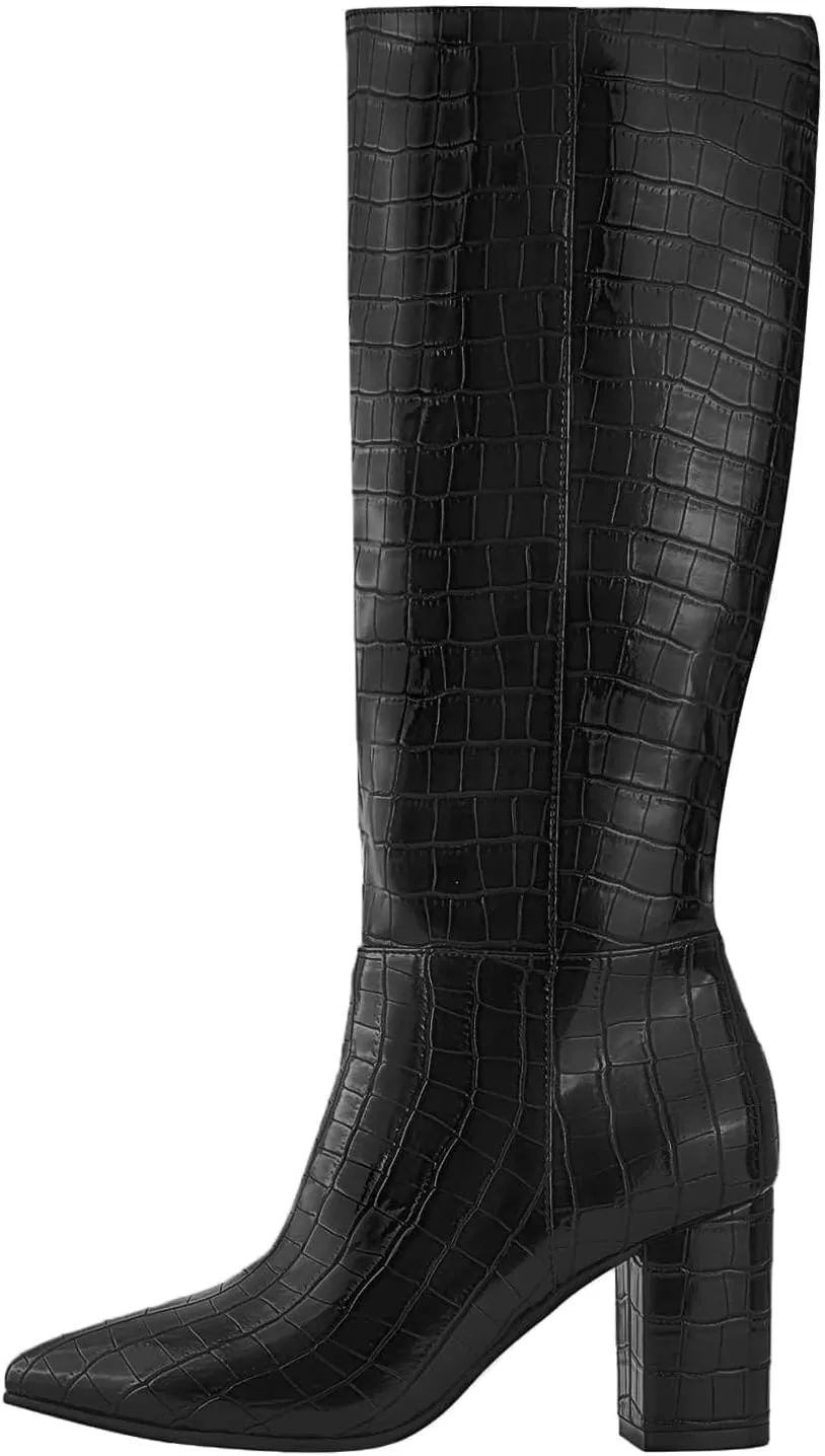 Shoe'N Tale Mid Calf Boots for Women Wide Calf Knee High Boots Chunky Block Heel Fall Winter Pointed Toe Boots
