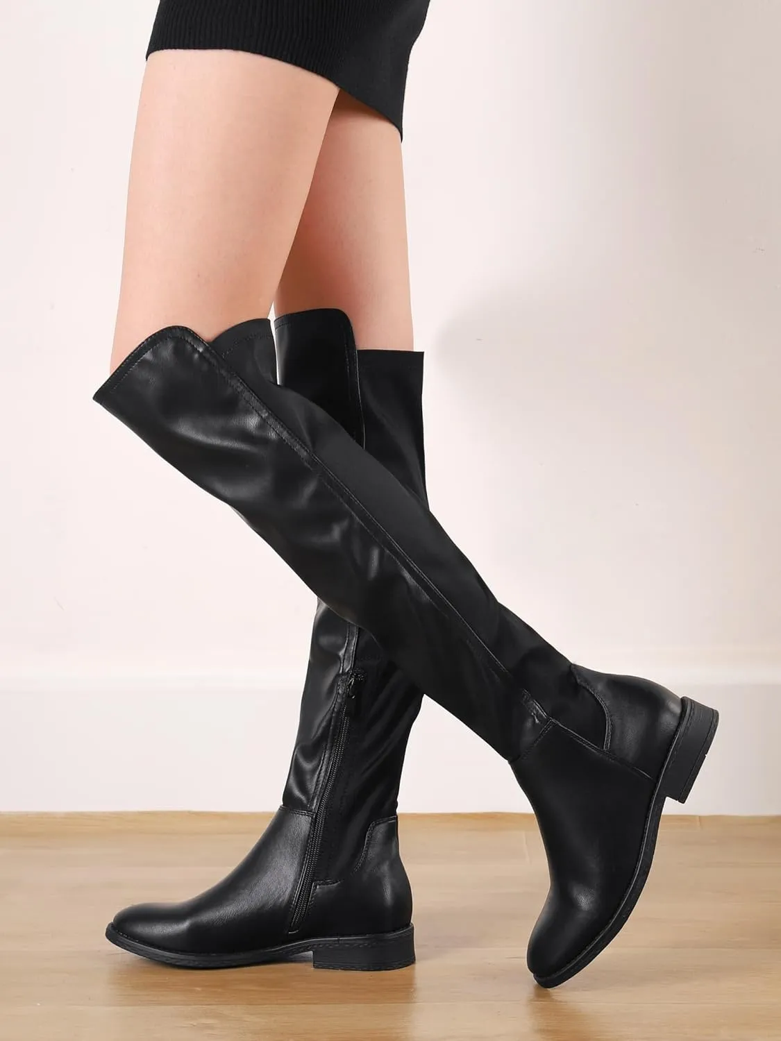 Shoe'N Tale Thigh High Over The Knee Boots for Women Flat Low Heel Fall Winter Stretch Suede Long Round Toe Boots