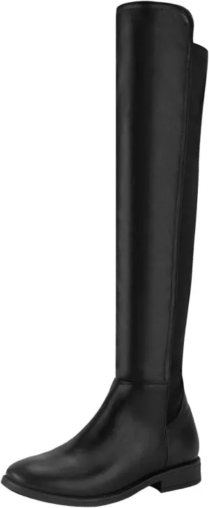 Shoe'N Tale Thigh High Over The Knee Boots for Women Flat Low Heel Fall Winter Stretch Suede Long Round Toe Boots