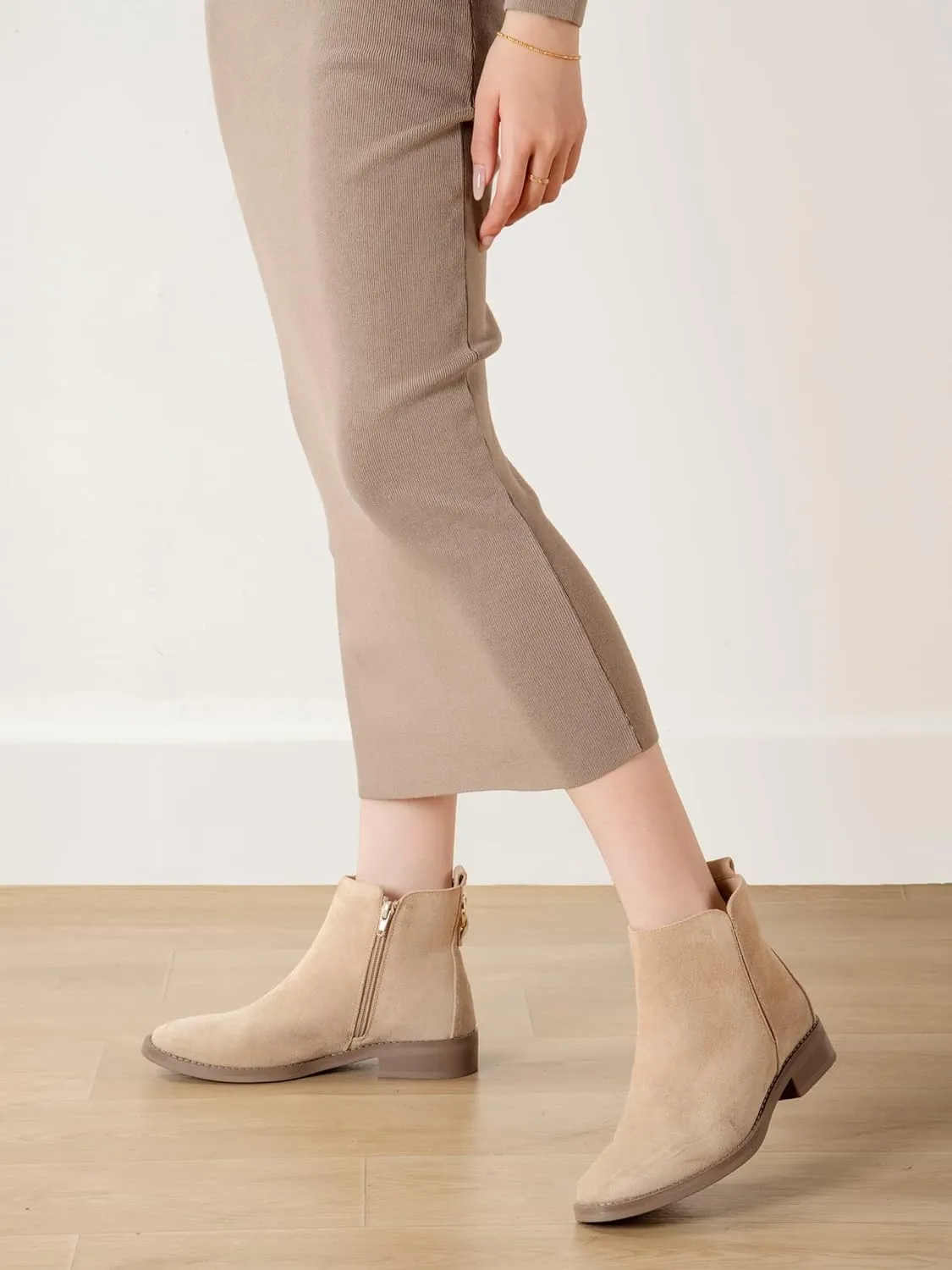 Shoe'N Tale Women's Ankle Boots Classic Flat Low Heel Pointed Toe Buckle Slip On Zip Fashion Comfortable Booties
