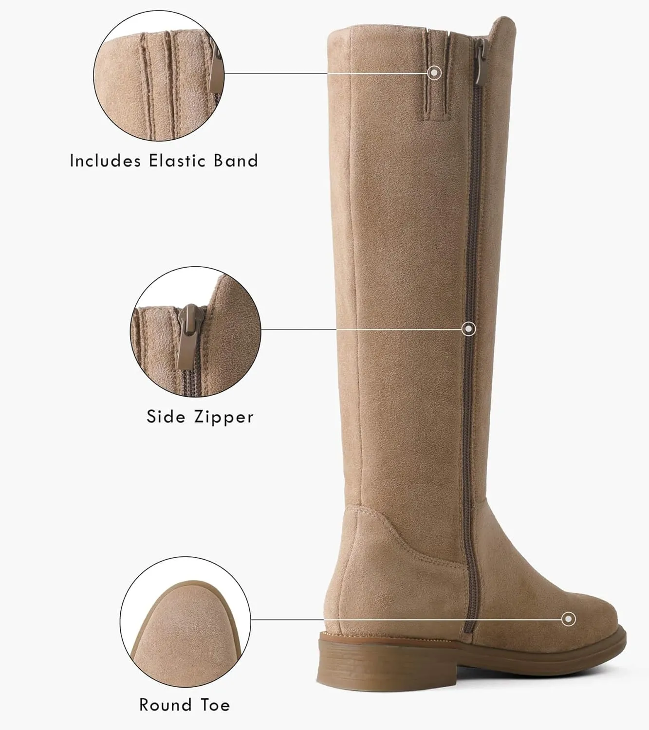 Shoe'N Tale Women's Knee High Boots Flat Low Heel Stretchy Round Toe with Side Zipper