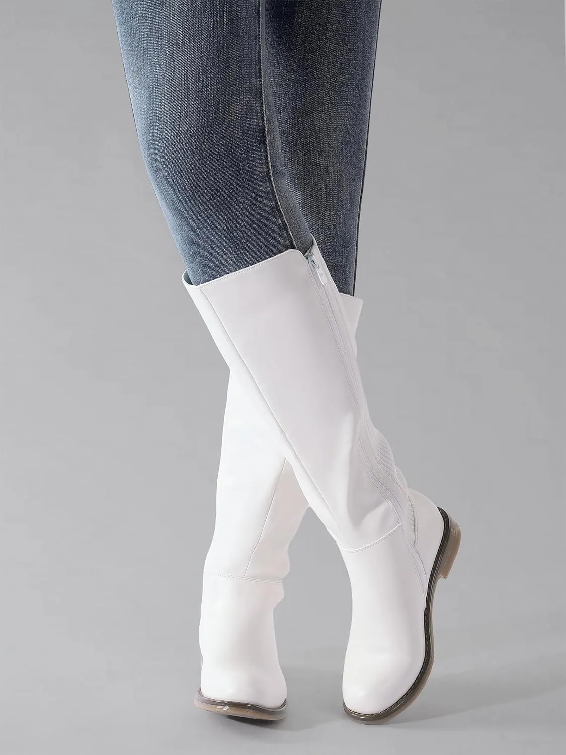 Shoe'N Tale Women's Knee High Boots Flat Low Heel Stretchy Round Toe with Side Zipper
