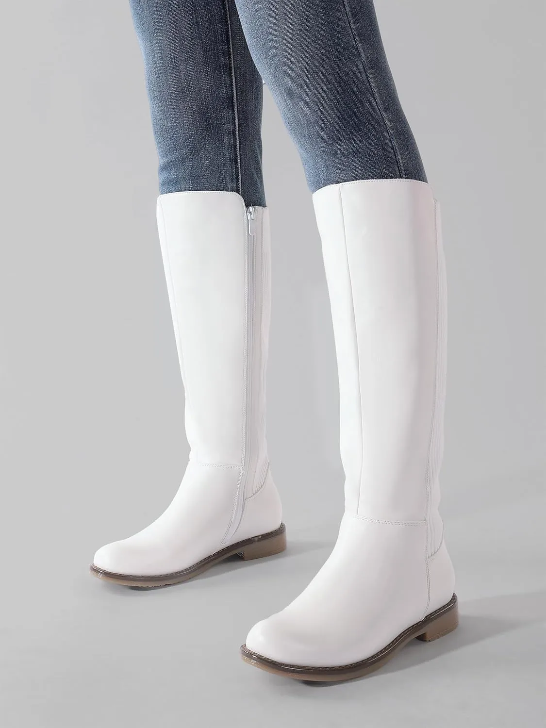 Shoe'N Tale Women's Knee High Boots Flat Low Heel Stretchy Round Toe with Side Zipper