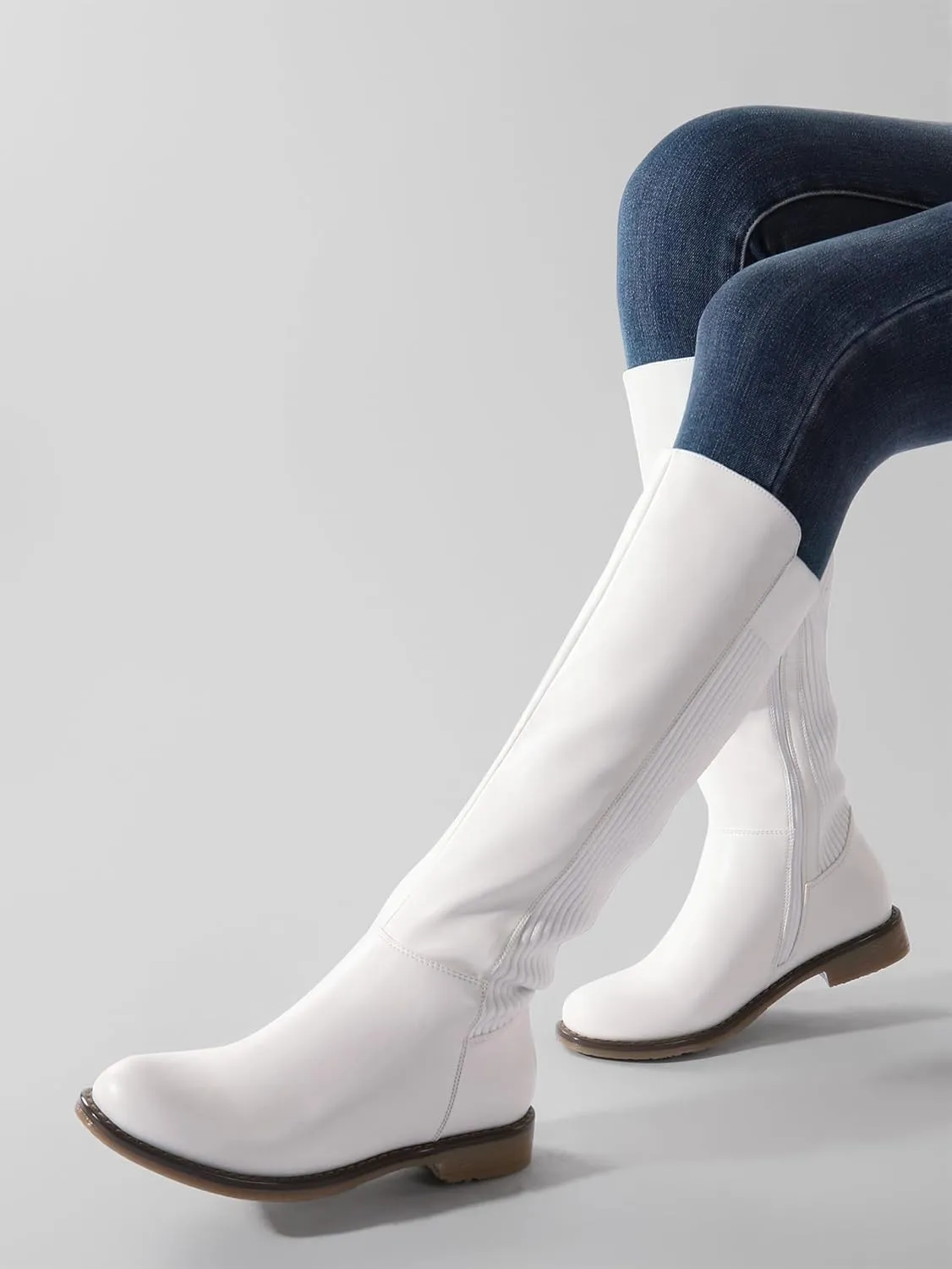 Shoe'N Tale Women's Knee High Boots Flat Low Heel Stretchy Round Toe with Side Zipper