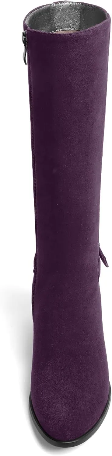 SHOWFOREST Womens Zip Suede Solid Outdoor Round Toe Sexy Chunky Low Heel Mid Calf Boots 2 Inch