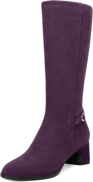 SHOWFOREST Womens Zip Suede Solid Outdoor Round Toe Sexy Chunky Low Heel Mid Calf Boots 2 Inch