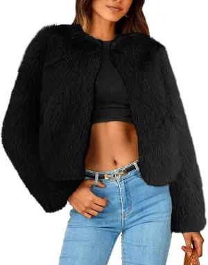 Simplee Women's Faux Fur Coat Furry Cropped Jacket Long Sleeve Warm Open Front Fur Jackets