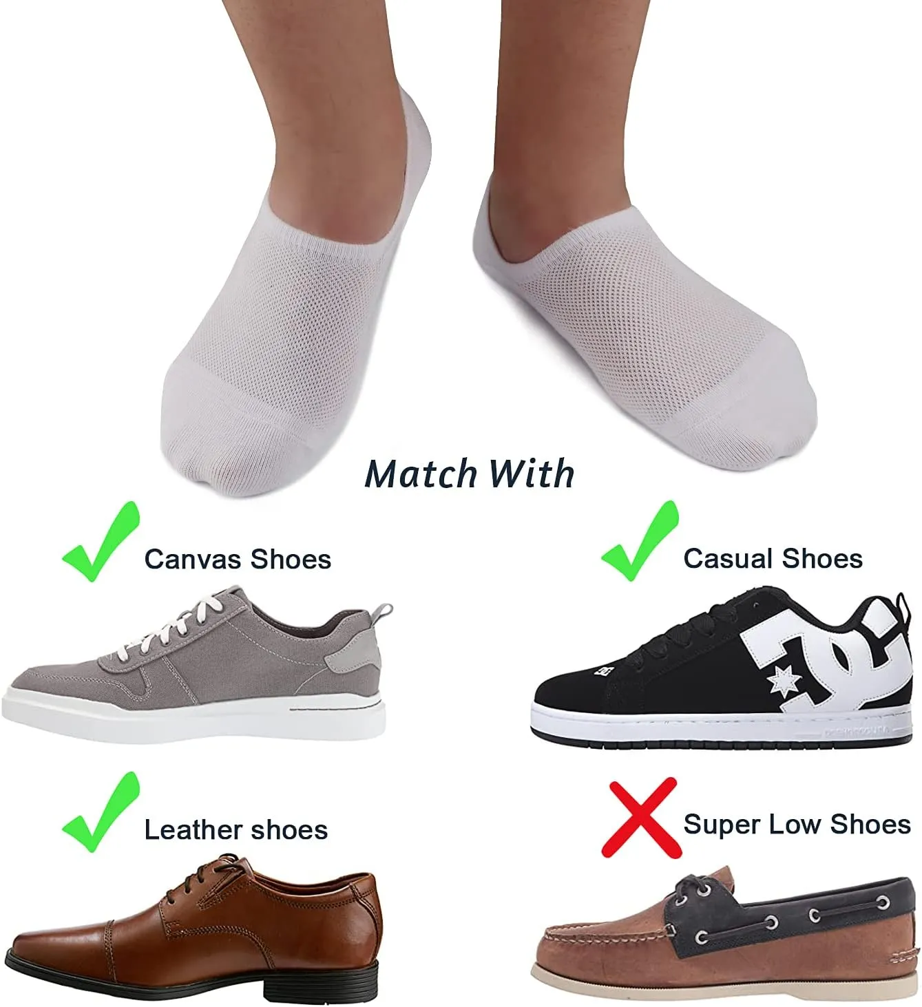 SIXDAYSOX Mens No Show 8 Pairs Invisible Low Cut Cotton Non Slip Short Socks Size 5-8/9-11/12-14